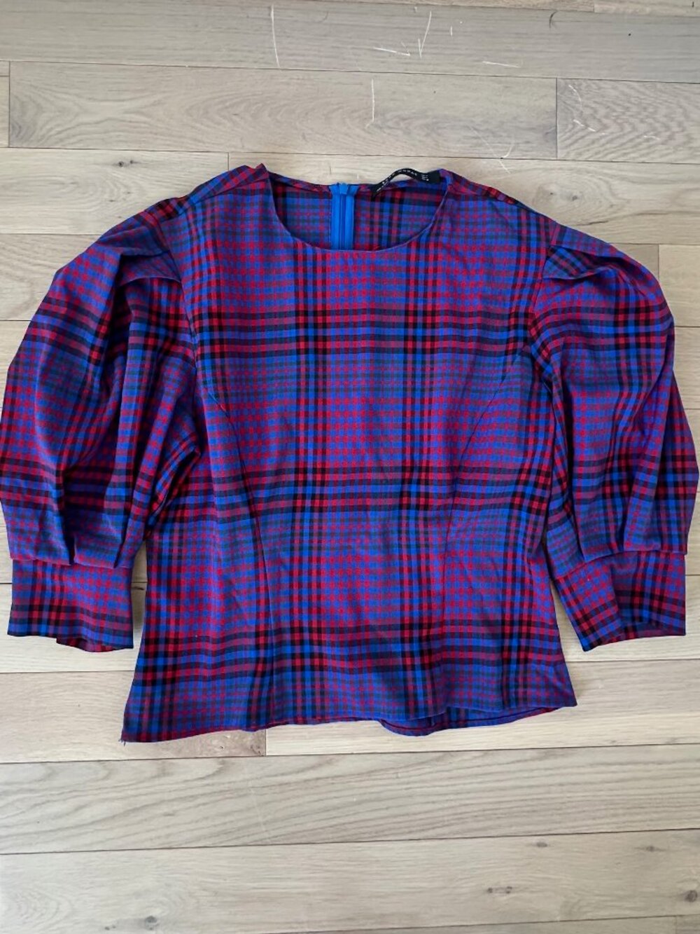 Zara Plaid Puff Sleeve Top Red Blue / M